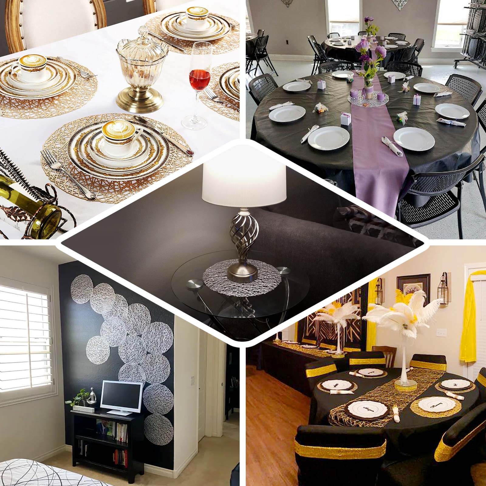 6-Pack Vinyl Placemats Black Woven Design - Durable Non-Slip Round Table Mats for Dining 15"