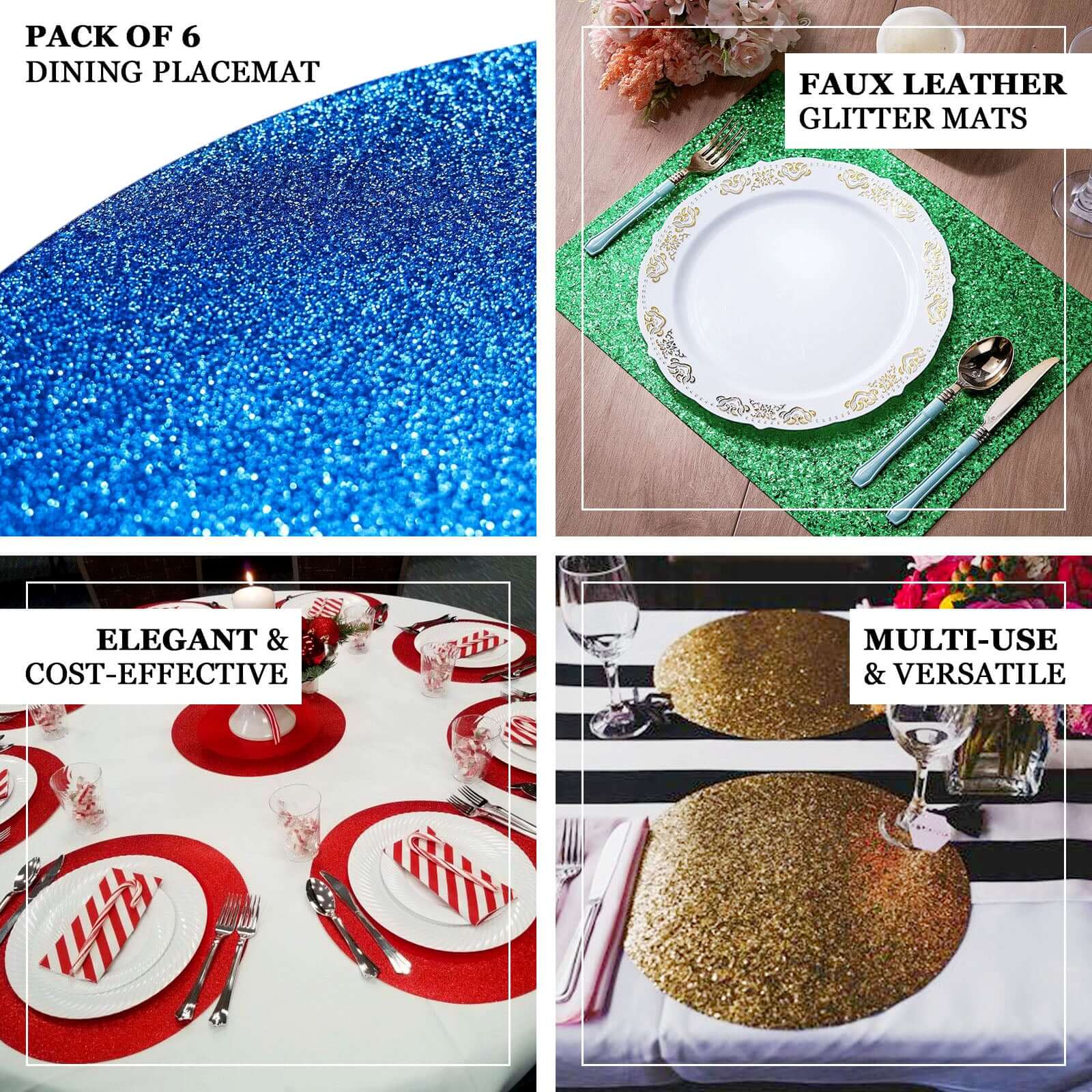6-Pack Placemats Glitter Design Champagne Sparkle Round - Non-Slip Decorative Dining Table Mats 13"