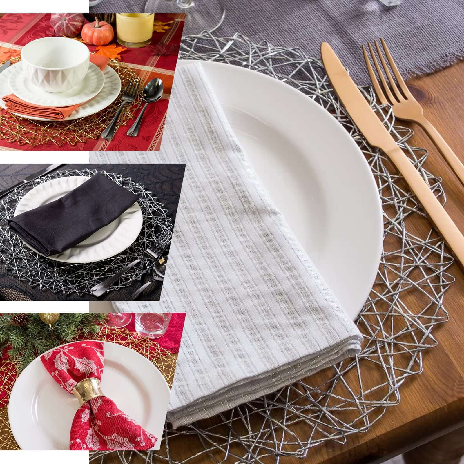 6-Pack Table Placemats Woven Fiber Design Gold Round - Disposable Mats for Dining and Events 15"