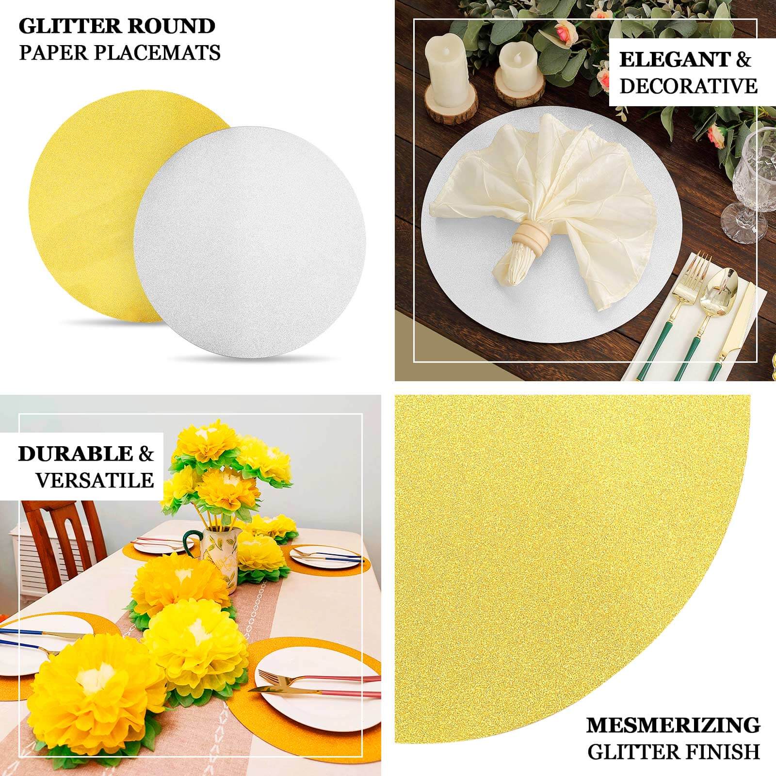 20-Pack Disposable Table Placemats in Gold Glitter - 210GSM Paper Placemats for Classy Events 13"
