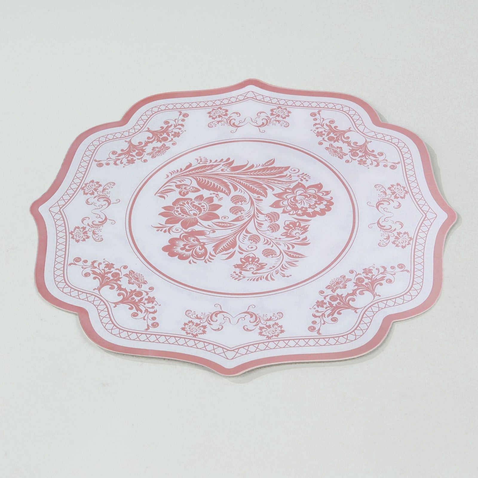 10-Pack Disposable Table Placemats 13" Round Placemats in White with Pink Damask Floral Pattern & Scalloped Rim - 400GSM Cardboard Placemats